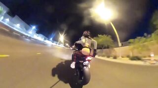 Karli Mergenthaler gets rammed on a motorcycle like a pro!